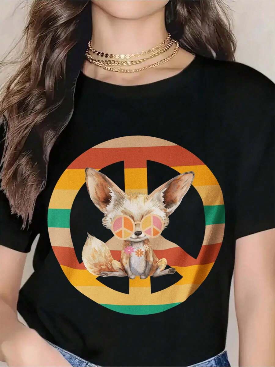 Peace Sign Fennec Fox Rainbow Graphic T-Shirt For Women - Cute Animal Print Black Tee With Boho Vibes, Perfect For Casual Wear, Music Festivals, And Summer Outfits - Black - View 1