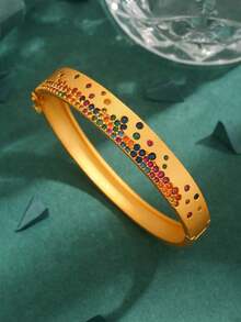 1pc High-Quality European & American Cubic Zirconia Copper Plated 18K Colorful Starry Luxury & Elegant Matte Stainless Steel Bracelet, Women Gift & Daily Wear