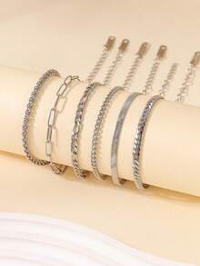 6pcs Stainless Steel 304 Silver Minimalist Chain Bracelet Set, Suitable For Women Layering Or As Gift - Silver - View 2