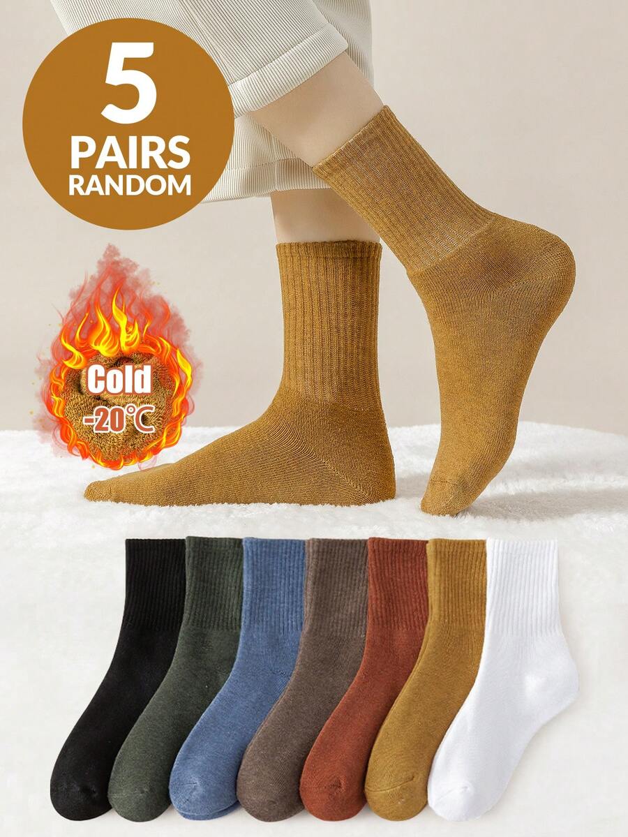 5 Pairs Women's Solid Color Warm Thickened Casual Comfortable Mid-Calf Socks, Random Colors, Autumn/Winter - Multicolor - View 1