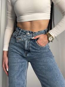 Dark Blue Denim Pants With Double Button Detail - Aquarius Blue - View 4