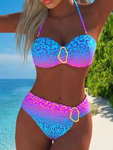 Ombre Leopard Print Backless Bikini Top And Triangle Bottoms 2 Pieces Swimsuit Set, Vacation - Multicolor - View 7