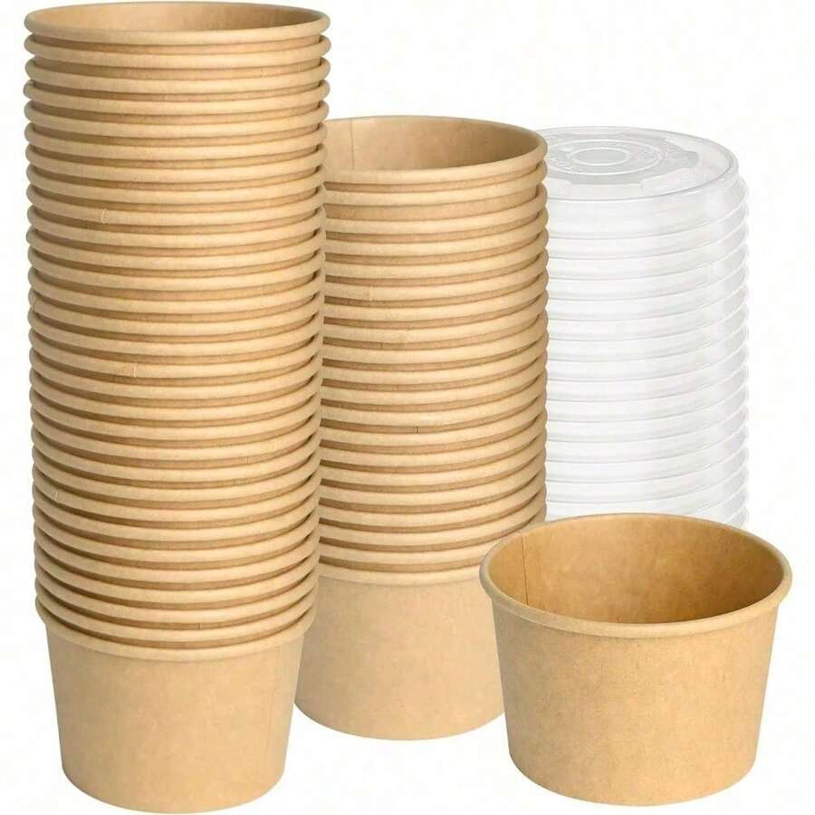 Premium 120-Pack 8oz Disposable Paper Cups With Lids, Versatile Dessert Bowls For Ice Cream, Yogurt, Parfait, Soup, Or Salad, Bulk Party Supplies For Catering, Cafes, Bakeries, Or Home Use, Convenient And Hygienic Serving Solution For Any Occasion. - 50-có nắp - Xem 1