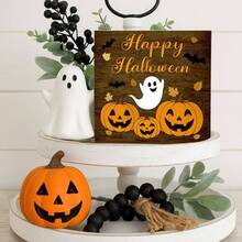Halloween Fall Decor, Reversible Thanksgiving Decorations, Wooden Happy Halloween Sign With Pumpkin And Ghost, Thanksgiving Table Decor, Rustic Block Tiered Tray, Shelf, Mantel