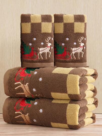 QIBHI 3/2/1 szt. Świąteczny haftowany jeleń w szachownicę, dekoracyjny ręcznik kąpielowy/ręcznik do rąk, prezent świąteczny, ręcznik dla pary/ręcznik kąpielowy, świąteczne dekoracje, ręczniki prysznicowe do salonu kosmetycznego, hotelowe artykuły sportowe, artykuły gospodarstwa domowego, ręcznik, ręcznik kąpielowy do pielęgnacji skóry