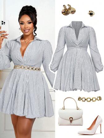 BIUBIU Vestido de manga larga con volantes y rayas en blanco y negro para mujer talla grande, ropa de otoño e invierno, ropa casual de moda para el hogar y al aire libre, vestido de invitada de boda de otoño, ropa casual de negocios para mujer, ropa de oficina para mujer