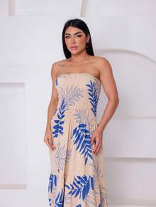 Women's Long Lastex Strapless Dress With Leaf Print - Màu be với màu xanh - Xem 6