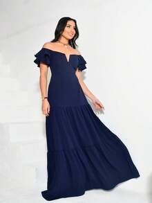 Long Off-The-Shoulder Dress With Ruffles, V-Neckline, Elegant, Charming Sleeves - Azul Marino - Ver 2