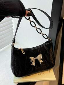 全新时尚休闲女式 PU 纯色黑色/咖啡色/卡其色蝴蝶结金属配件腋下零钱包化妆包 - 黑色 - 查看 9