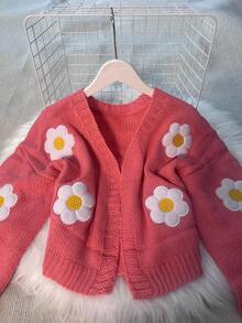 女士粉色针织长袖毛衣，带有可爱的雏菊花细节，常规版型，适合日常休闲穿着 - 西瓜粉 - 查看 2