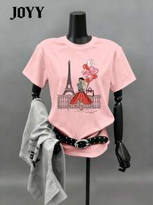 Top à motif Tour Eiffel JOYY, Top imprimé à manches courtes et col rond pour femmes, Design romantique de ballon de Paris, Tenue décontractée, Top minimaliste pour le plein air au printemps/été - Rose bonbon - Voir 1