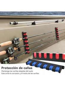 Porta Cañas de Pescar, Soporte para Caña de Pescar de Pared, Estante de Almacenamiento para Caña de Pescar, Estante para Caña de Pescar Montado en La pared, con Capacidad de 6 Cañas, Horizontal,Azul - Rojo - Ver 12