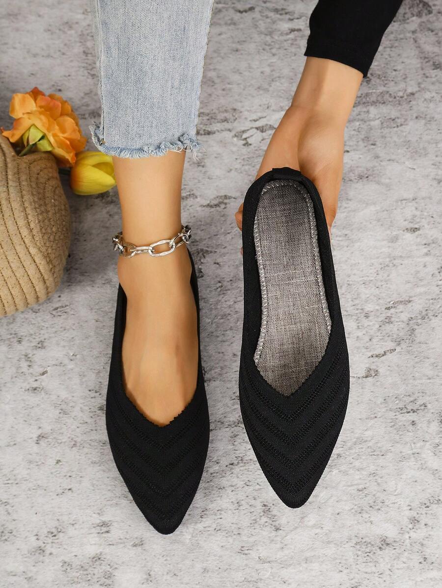 女式平底尖头针织网眼休闲舒适运动鞋 - 黑色 - 查看 1