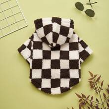 1pc Chocolate Plaid Sherpa Zip-Up Hoodie Pet Jacket Coat, Suitable For Small/Medium Cats & Dogs, Autumn/Winter