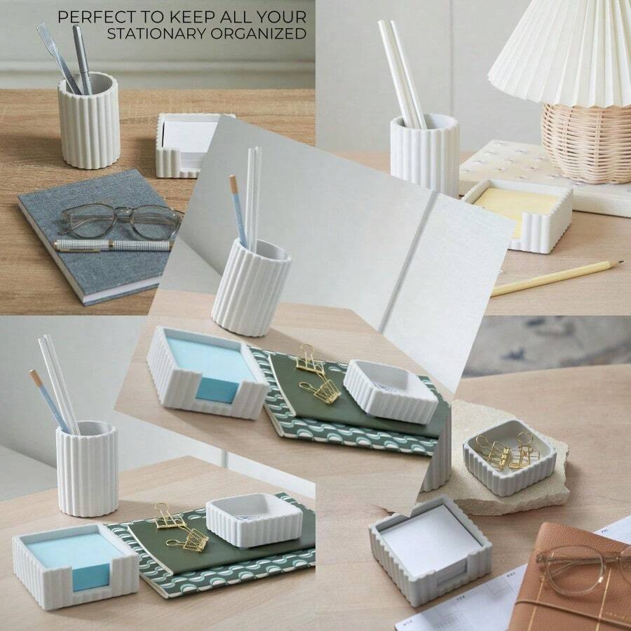 Modern Aesthetic Desk Accessories Set Of 3 Stylish Concrete Organizers For Pens And Office Supplies A Cute And Functional Addition To Your Workspace Decor - 灰色的 - 查看 1
