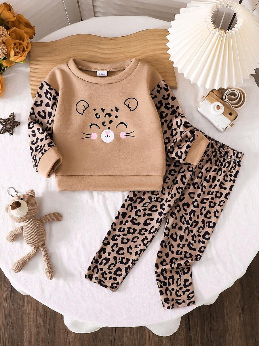 Baby Girl Brown Cat Print Sweatshirt And Leopard Print Straight Pants Set, Autumn/Winter