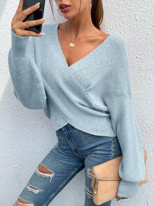 Women's Sexy Sweater V Neck Off Shoulder Long Sleeve Cross Wrapped Front Knit Sweater Fall Autumn Winter Street Party Club Night Out Valentine Top Outfits - 藍色 - 查看 1
