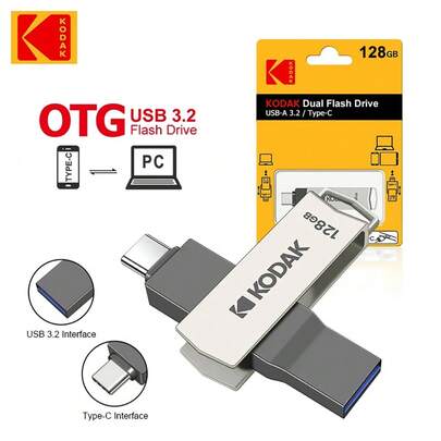 Kodak محرك فلاش USB 3.2 من نوع C كوداك 256 جيجابايت/128 جيجابايت/32 جيجابايت، ذو سرعة عالية وتخزين مزدوج، متوافق مع الهواتف الذكية والأجهزة المحمولة