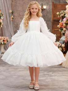 Tween Girls Long Sleeve Bow Baptism Bridesmaid Party Pageant Girls Evening Gown Elegant Fluffy Wedding Birthday Party Princess Girls Graduation Dress - White - View 6