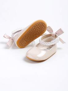 婴儿/新生儿玛丽珍平底鞋 - 婴儿学步鞋，柔软橡胶鞋底，公主风婚鞋 - 米色 - 查看 9