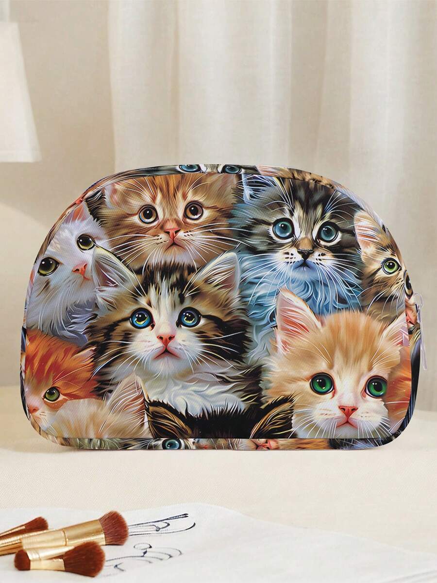 Cat Print Makeup Bag, Multi-Functional Cosmetic Pouch Organizer, Multi-Pocket Design Convenient Toiletry Bag For Travel & Outdoor, Lightweight - Multicolor - View 1