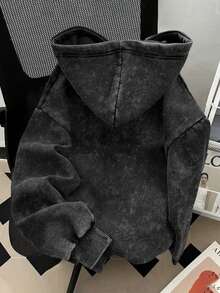 Men's Autumn And Winter Street Pattern Hooded Sweatshirt Top, Slightly Stretchy And Fit, Washed And Distressed, Plush And Cotton Black Pullover Long-Sleeved Sweatshirt, Casual Daily Back-To-School Season Hoodie Top - Black - View 3