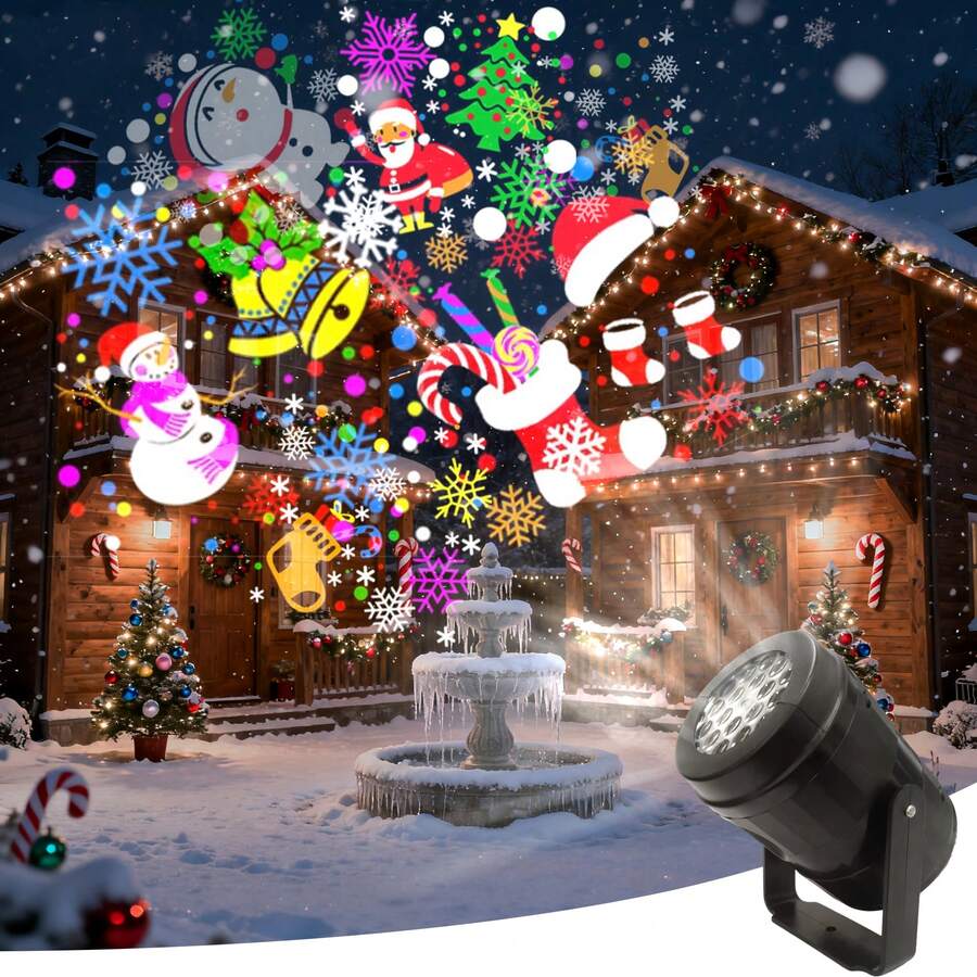 1 pieza Proyector LED de Navidad - Luz nocturna que cambia de color RGB - Con copos de nieve, sombreros de Papá Noel, renos, regalos - Decoraciones navideñas que giran automáticamente, para usar en familia, fiestas, ventanas - Decoraciones navideñas enchufar y listo, iluminación navideña, diseño interesante y decoración del hogar. - Negro - Ver 1