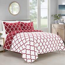Elegant Comfort All Season Ultra Soft 3pcs Geometric Trellis Comforter Set, Down Alternative Breathable And Comfortable Quilt Luxury Hotel Quality 3 Piece Full/Queen, King/California King And Twin/Twin XL Size Bed Includes 1 Comforter And 2 Pillowcases Bedding Set, Christmas Decorations Gifts, Cozy Winter Styles, Holiday Décor - 酒紅色 - 查看 2