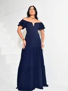 Long Off-The-Shoulder Dress With Ruffles, V-Neckline, Elegant, Charming Sleeves - Azul Marino - Ver 7