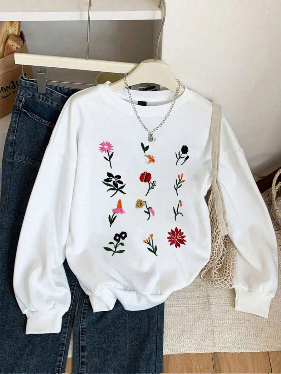 Sudadera para mujer estampado flores pequeñas minimalistas estampado  calientita para el frio invierno otoño primavera - Blanco - Ver 1