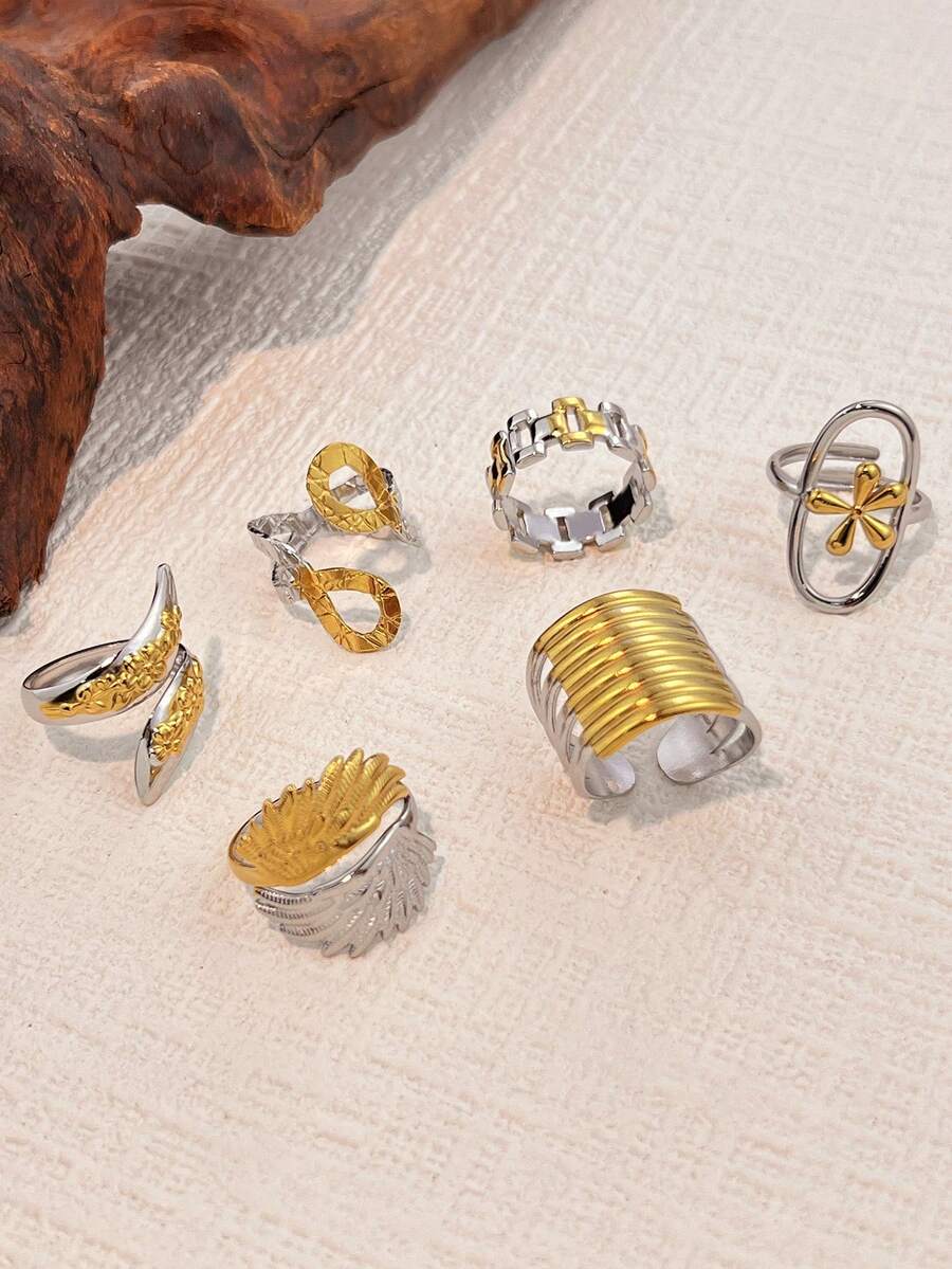 1pc Stainless Steel Bicolor Feather & Flower Twist Design Ring, Tarnish Resistant, Suitable For Autumn/Winter Wear, Home, Daily, Gift, Party