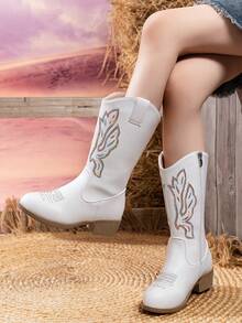 Girls' Comfortable & Fashionable Embroidered Sequin Splice Outdoor Casual High Heel Boots With Side Zipper - White - View 6