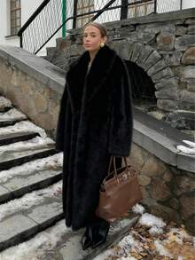 Giolshon Plus Size Mid-Length Faux Fur Coat | Shawl Lapel Collar & Plush Long Pile | Vegan Winter Luxury For Women Curve - 黑色 - 查看 1