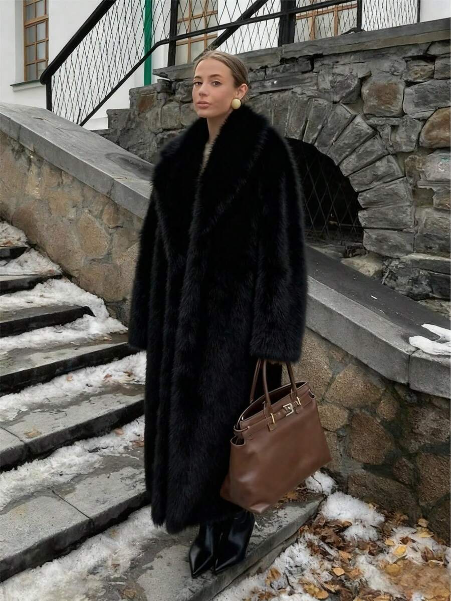Giolshon Plus Size Mid-Length Faux Fur Coat | Shawl Lapel Collar & Plush Long Pile | Vegan Winter Luxury For Women Curve - 黑色 - 查看 1