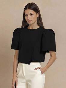 Amyenjoylife 现代菲律宾风衬衫，简洁不规则下摆纯色衬衫，简约优雅泡泡袖圆领套头衫，不规则下摆衬衫，菲律宾风情上衣，感恩节黑色上衣 - 黑色 - 查看 1