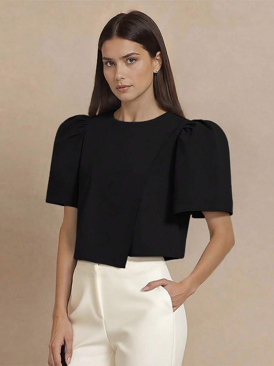 Amyenjoylife 现代菲律宾风衬衫，简洁不规则下摆纯色衬衫，简约优雅泡泡袖圆领套头衫，不规则下摆衬衫，菲律宾风情上衣，感恩节黑色上衣 - 黑色 - 查看 1