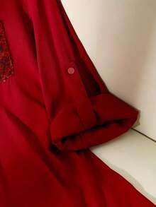 Women's Sequin Decor Front Button Pocket Casual Shirt Spring - Red - View 5