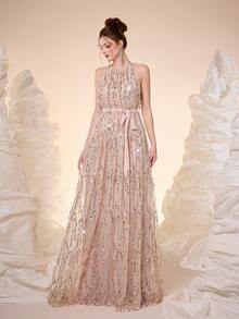 Mgiacy,New Arrival,Romantic Women's Sleeveless Halter Sequin Gown Long Flared Prom Dress With Belt Tie Back And Zipper Details Elegant And Glamorous Non-Stretch Evening Wear