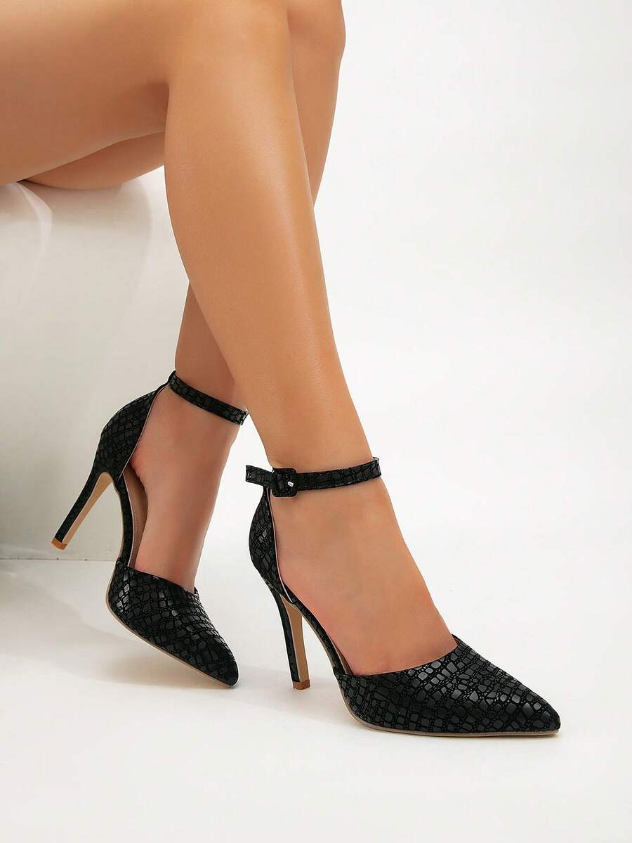 女士新款性感派对镂空黑色鳄鱼纹直带尖头细跟高跟鞋 - 黑色 - 查看 1