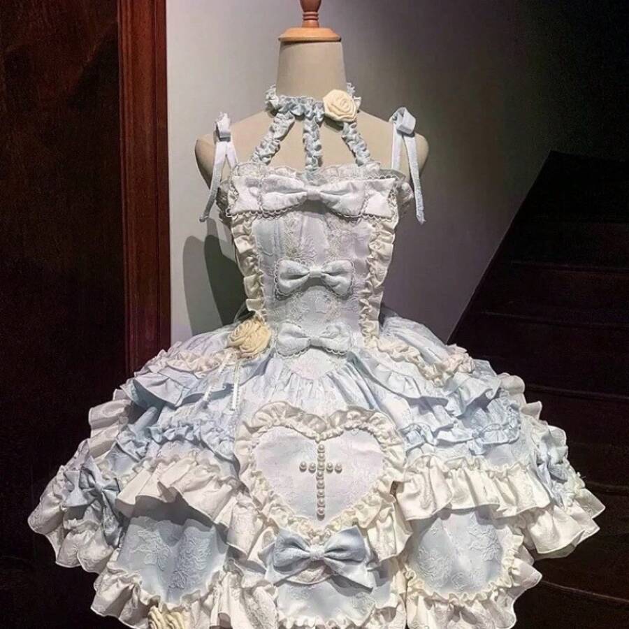 Butterfly Heart Lolita Original Dress JSK Halter Neck Daily Dress Bow Princess Style Lolita - 淺藍色短裙+掛脖+吊帶 - 查看 1