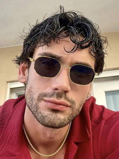 1 pieza Gafas de hombre con marco metálico rectangular dorado, diseño simple y casual con lentes tintadas, ideales para eventos, fiestas y días festivos