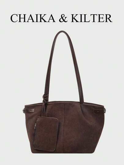 1pc CHAIKA & KILTER Solid Color PU Tote Bag For Women, Vintage Fashion One Shoulder Tote Bag With Dual Handles, Zipper Closure, Suitable For Daily And Outdoor Use (Hang Small Bag)