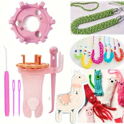 1 套 Wonder Knitter 纱线绕线机套件，带可互换双头旋转线制作器、拾线器、2 根塑料缝纫针、DIY 工艺羊毛编织针工具、手动双头组合可换头编织手链绕线机（带英文说明书）- 耐用塑料材质