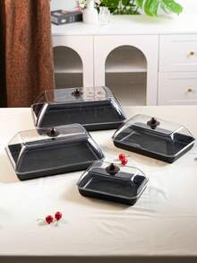 Multi-Size Rectangular Display Plastic Trays With Dustproof Lids, Unbreakable, Reusable Fruit/Dessert/Snack/Cake Platters, Suitable For Festivals, Weddings, Parties, And Banquets - Black - View 3