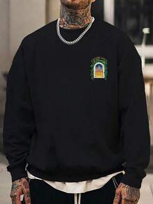 Sudadera de hombro caído blanca para hombre, sudadera holgada de cuello redondo de 100% algodón con estampado de arquitectura vintage para primavera y otoño - Negro - Ver 2