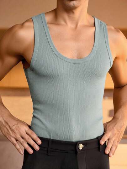 Camiseta sin mangas para hombre estilo minimalista básico algodón elástico lisa ajustada cuello U primavera verano para casa y gimnasio