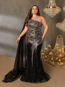 Women's Plus-Size One-Shoulder Sequin Mermaid Evening Gown With Detachable Cape Sleeve & Corset Back, Elegant Formal Dress With Trumpet Hem For Black Tie Galas, Wedding Guest Dresses, Mother Of The Bride Gowns, Red Carpet Events, And Formal Dinners - Black - View 7
