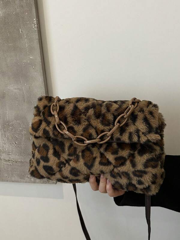 Classic Fluffy Envelope Bag For Women, Fashionable Leopard Print Furry Shoulder Handbag, Crossbody Bag, Autumn/Winter, Korean Style