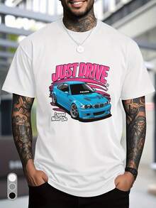 Camiseta blanca de cuello redondo para hombres con estampado de patrón retro de carreras Just Drive - Diseño de carreras retro de los años 80/90, camiseta casual de cuello redondo, adecuada para entusiastas de los coches, ropa casual de primavera y otoño, cómoda y de ajuste regular, tela pesada de 220g/m², comodidad para todas las estaciones, regalo perfecto para fanáticos del deporte, diseño deportivo, impresión duradera, ropa casual, material cómodo, camiseta de manga corta, camiseta con patrón para hombres, camisa de hombre - Blanco - Ver 6