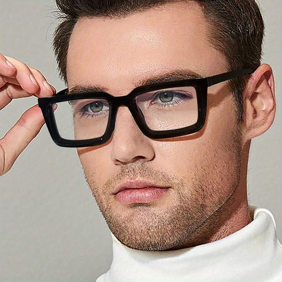 1 Piece Men's Lightweight Acrylic Rectangular Glasses - Bohemian Style Full Frame Black Frame, Non-Decorative Lenses, Suitable For Casual And Business Fashion Accessories, Multi-Functional Glasses| Minimalist Glasses| Durable Glasses - Black/Transparent - View 1